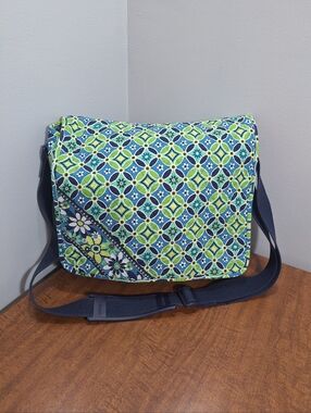 Vera Bradley Messenger Bag W/Strap Blue Green Daisy Daisy Travel Laptop Retired